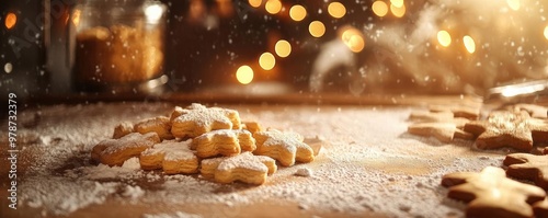 Delicious cookies dusted with powdered sugar, surrounded by warm, festive bokeh lights, perfect for holiday celebrations.