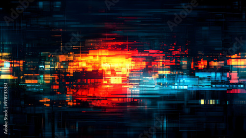 Abstract Glitch Art Background with Red, Orange, and Blue Color Palette