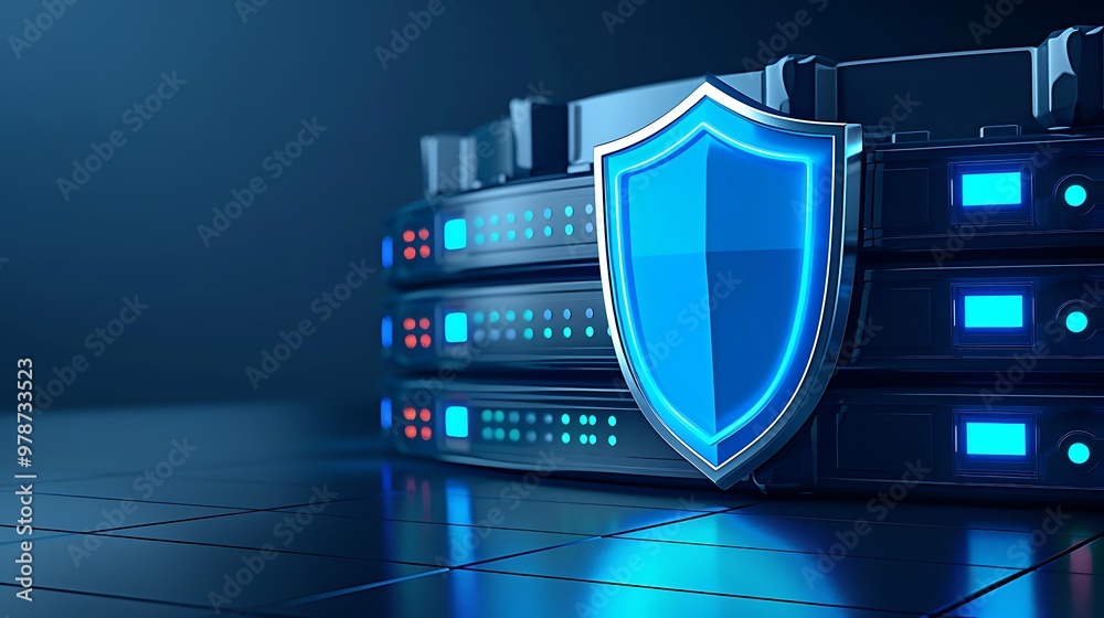 Futuristic server rack with security shield, symbolizing advanced data protection and cybersecurity technology.