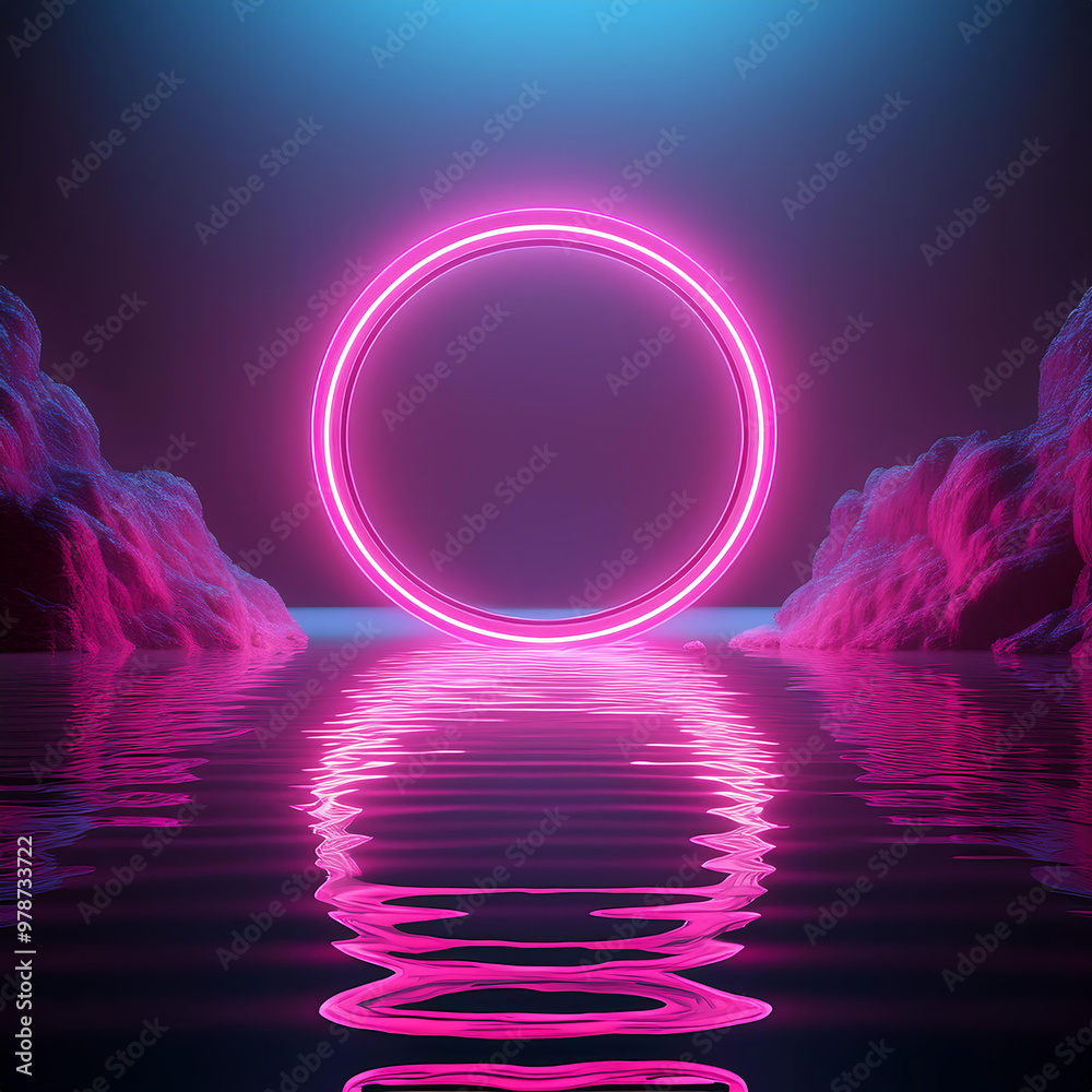 Obraz premium 3D render of abstract geometric background, featuring a glowing pink neon ring reflecting i_1(11)