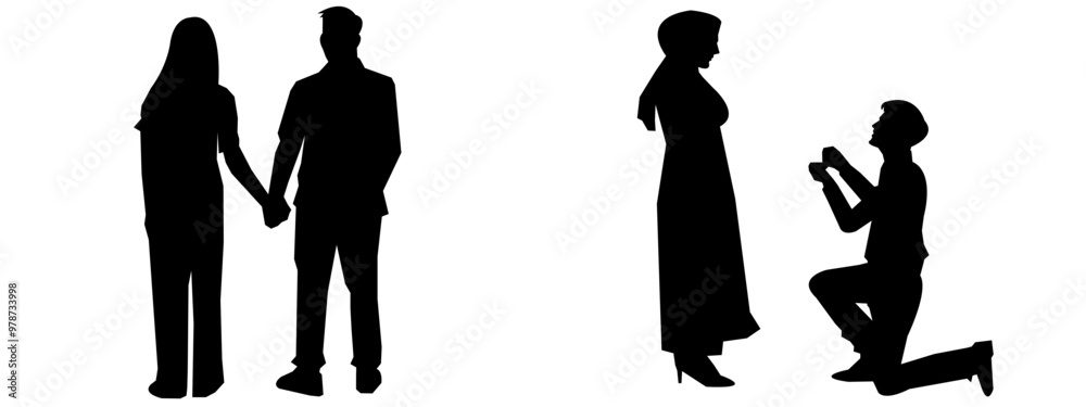 Set of vector silhouettes of bride and groom. propose to a woman. Marry. engagement. ring. Set of vector silhouettes of bride and groom. propose to a woman. Marry. engagement. ring.