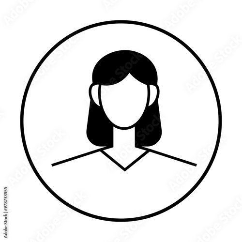 Black and white vector avatar featuring a woman with medium length hair enclosed in a circular frame. Ideal for profiles, social media, business cards, applications, and websites.