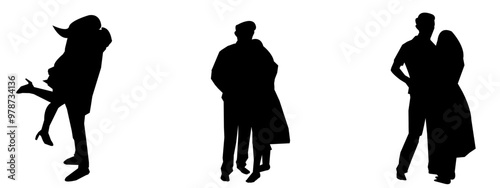 Set of vector silhouettes of bride and groom. propose to a woman. Marry. engagement. ring.