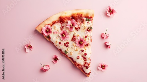 Slice of pizza with spring flowers, floral pizza isolated on flat pastel pink background. Creative concept for spring banner advertising pizza restaurant. 3d render illustration style. 