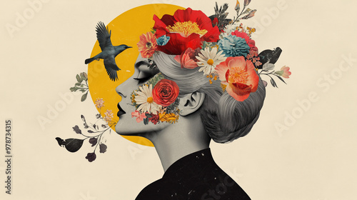 Abstract, strange fashion art paper collage. The head of an elegant woman is covered with flowers, and birds are perched on her eyes. The design is simple, with a vintage-style background.