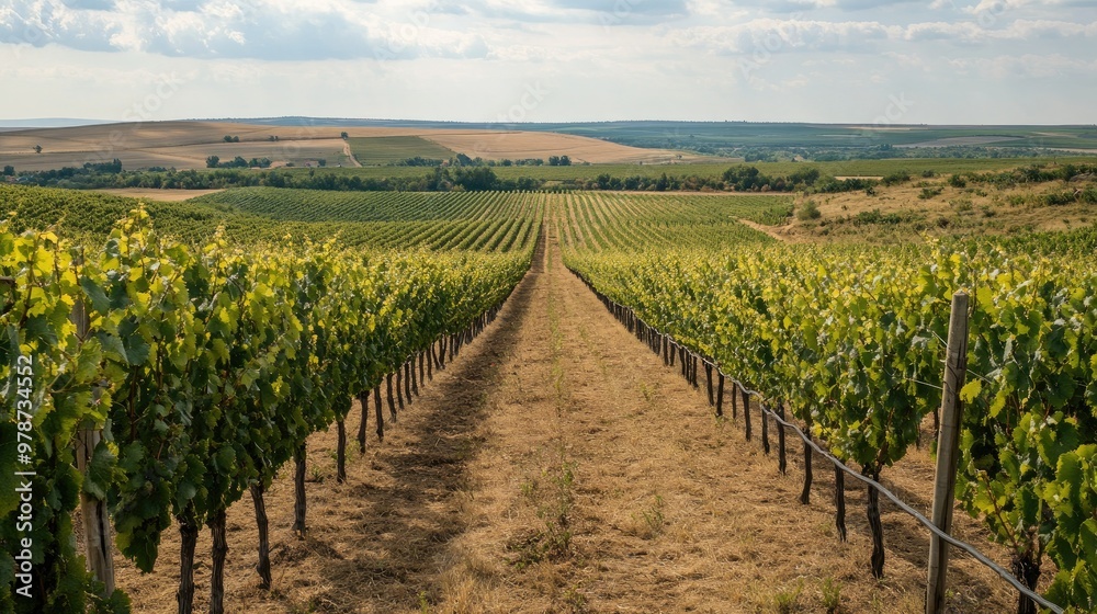Naklejka premium The vineyards of Purcari Estate in Moldova, with rows of grapevines stretching into the horizon.