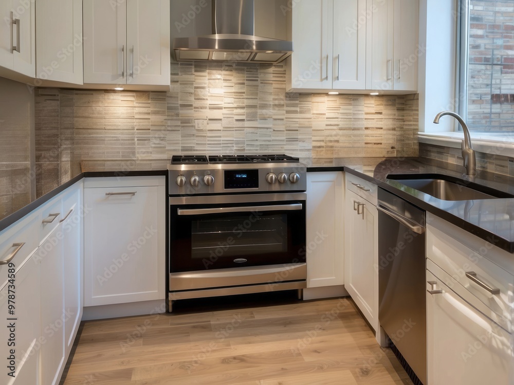 Modern White Kitchen with Stainless Steel Appliances and Black Countertops Modern White Kitchen with Stainless Steel Appliances and Black Countertops