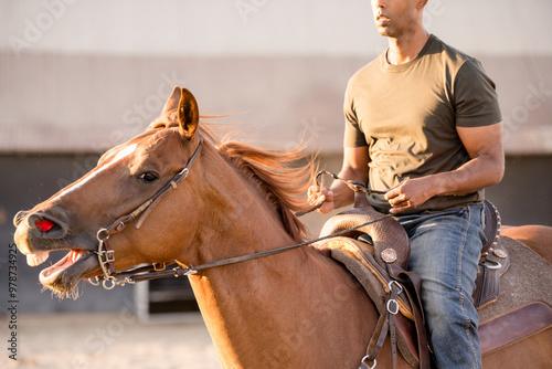 Close up of horse with mouth open photo