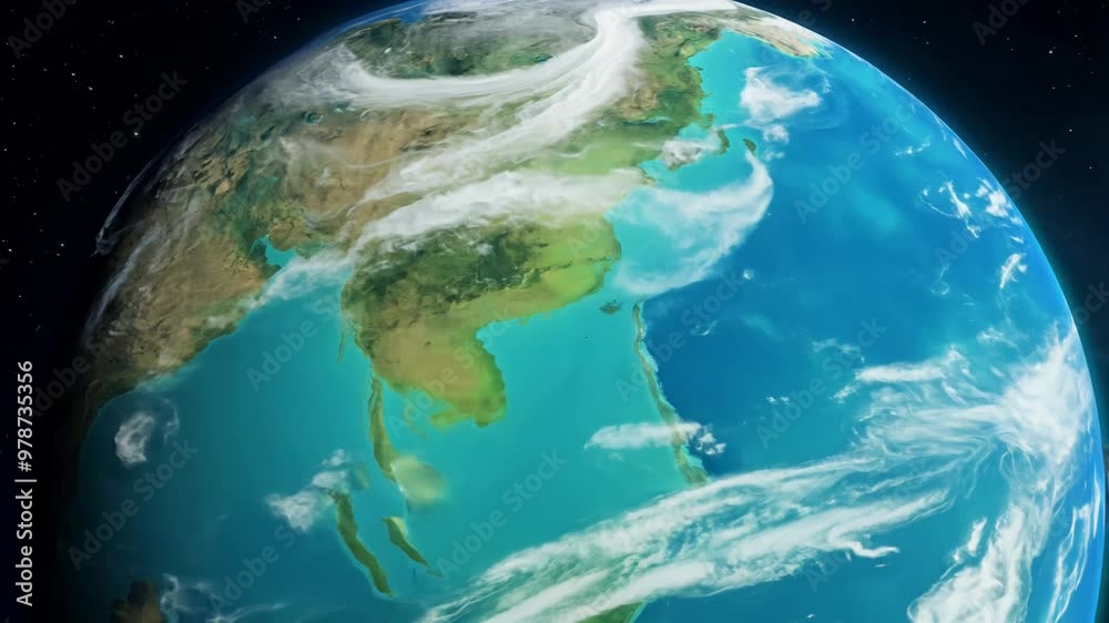 Camera rotates 180 degrees to focus on a vibrant blue-green planet with swirling clouds, each moon casting a unique shadow on its surface.