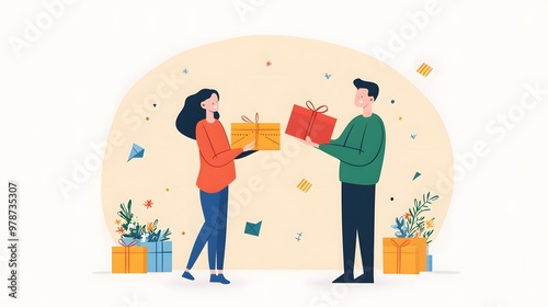 Minimalist flat style partners exchanging gifts with creative mail illustration 