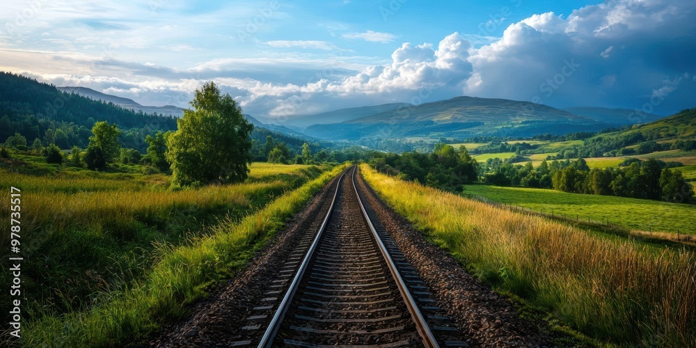 Fototapeta premium A scenic railway track winds through lush green fields and rolling hills under a dramatic sky, inviting adventure and exploration.