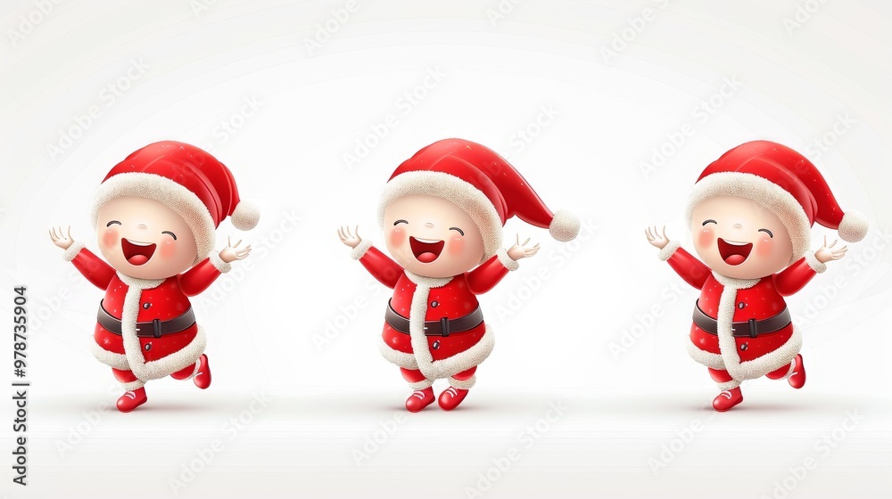 Three joyful 3d cartoon boys in santa claus costumes dancing and having fun on a white background Three joyful 3d cartoon boys in santa claus costumes dancing and having fun on a white background