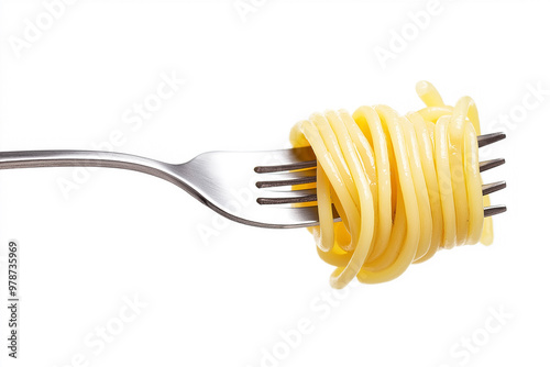 Spaghetti, noodles, and pasta on the fork, isolated on a white background.
