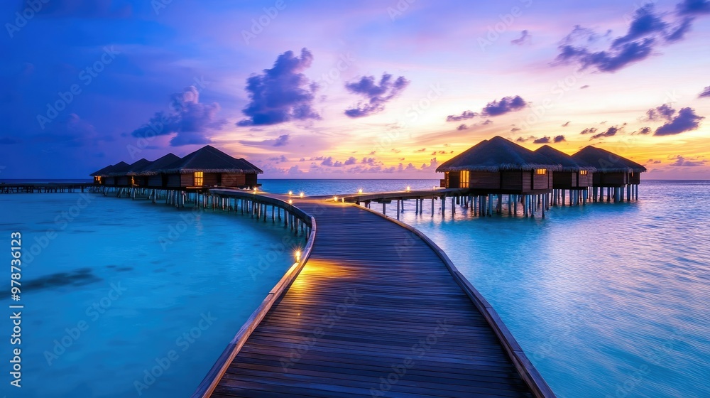 Wooden boardwalks leading to overwater bungalows on a serene Maldivian lagoon at dusk. Wooden boardwalks leading to overwater bungalows on a serene Maldivian lagoon at dusk.