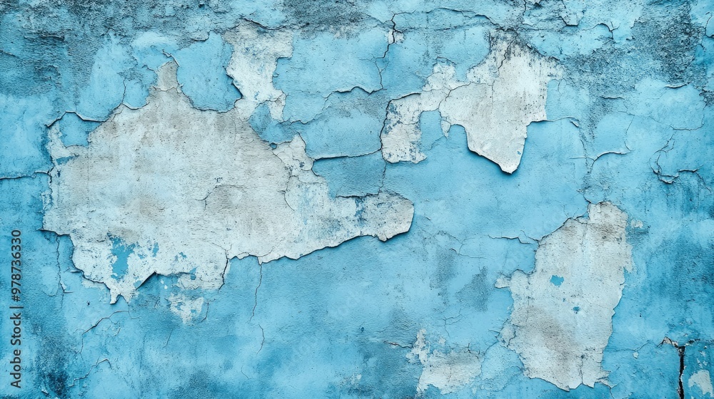 Obraz premium Worn and weathered blue concrete wall, showing peeling paint and deep cracks for a grungy urban texture effect