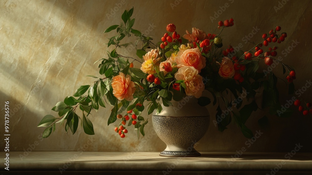 Fototapeta premium An elegant floral arrangement in a contemporary vase, captured in a still life.