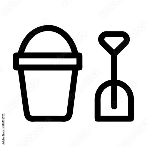 Plastic bucket and small shovel icon for beach activities in minimalist style, icon on transparent background, beach holiday theme