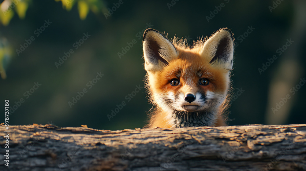 Obraz premium cute red fox kit peeking from behind log in forest - wildlife photography