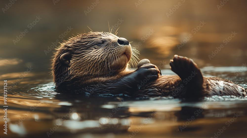 cute otter relaxing in golden water - wildlife photography cute otter relaxing in golden water - wildlife photography