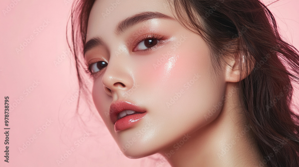 Stunning Chinese female model radiates beauty with flawless skin against a soft pink background during a serene photoshoot Stunning Chinese female model radiates beauty with flawless skin against a soft pink background during a serene photoshoot