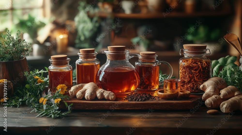 Organic Herbal Remedies Displayed in Glass Jars with Fresh Ginger and Herbs on a Wooden Table in a Cozy Kitchen Organic Herbal Remedies Displayed in Glass Jars with Fresh Ginger and Herbs on a Wooden Table in a Cozy Kitchen