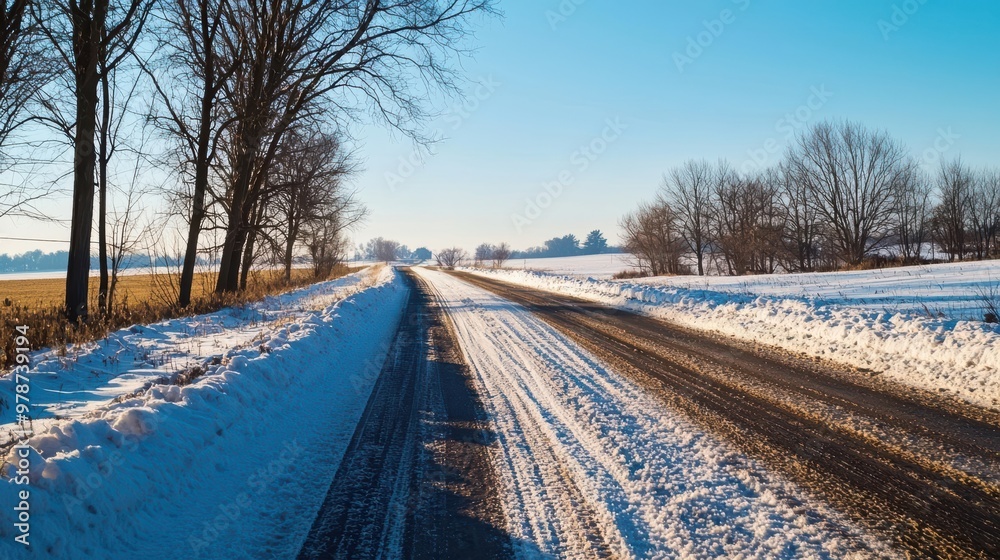 Fototapeta premium A serene winter road surrounded by snow-covered fields and trees under a clear blue sky, perfect for tranquil nature scenes.