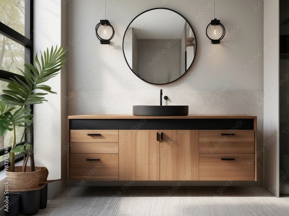 Fototapeta premium Modern bathroom vanity with black sink, round mirror, and wooden cabinets