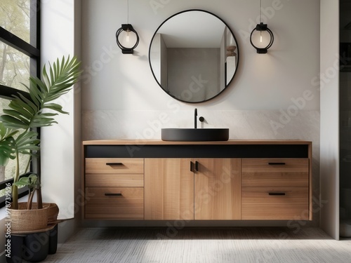 Modern bathroom vanity with black sink, round mirror, and wooden cabinets photo