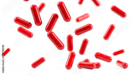 Red capsules on white background, represents healthcare, medicine, and pharmaceutical