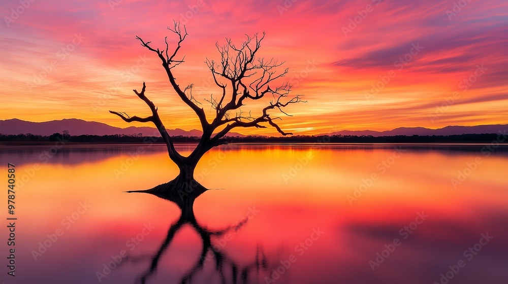 A dead tree stands alone in a serene lake at sunset, inviting reflection in a vivid, tranquil scene. A dead tree stands alone in a serene lake at sunset, inviting reflection in a vivid, tranquil scene.