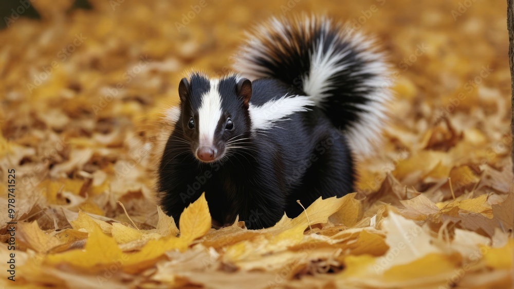 Skunk on a pile of leaves in autumn Skunk on a pile of leaves in autumn