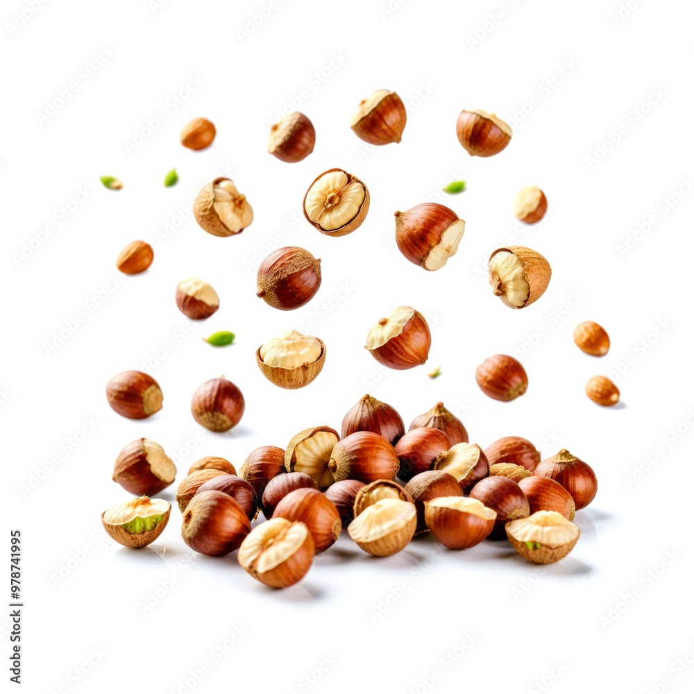 Falling hazelnuts on white background Falling hazelnuts on white background