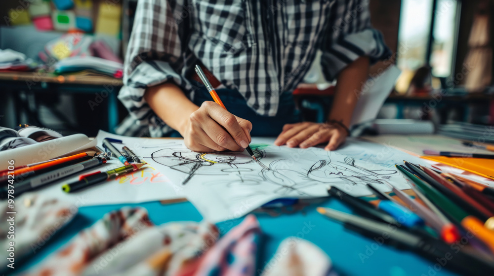 Fototapeta premium A designer sketching innovative clothing designs in a vibrant workspace filled with colorful materials and tools during the afternoon
