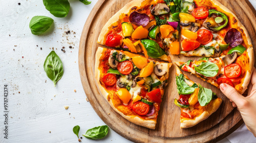 Enjoying a delicious veggie pizza topped with fresh vegetables on a wooden board during a sunny meal