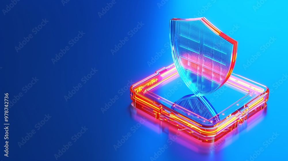 Illustration of a digital shield symbolizing cybersecurity and data protection on a vibrant blue background. Illustration of a digital shield symbolizing cybersecurity and data protection on a vibrant blue background.