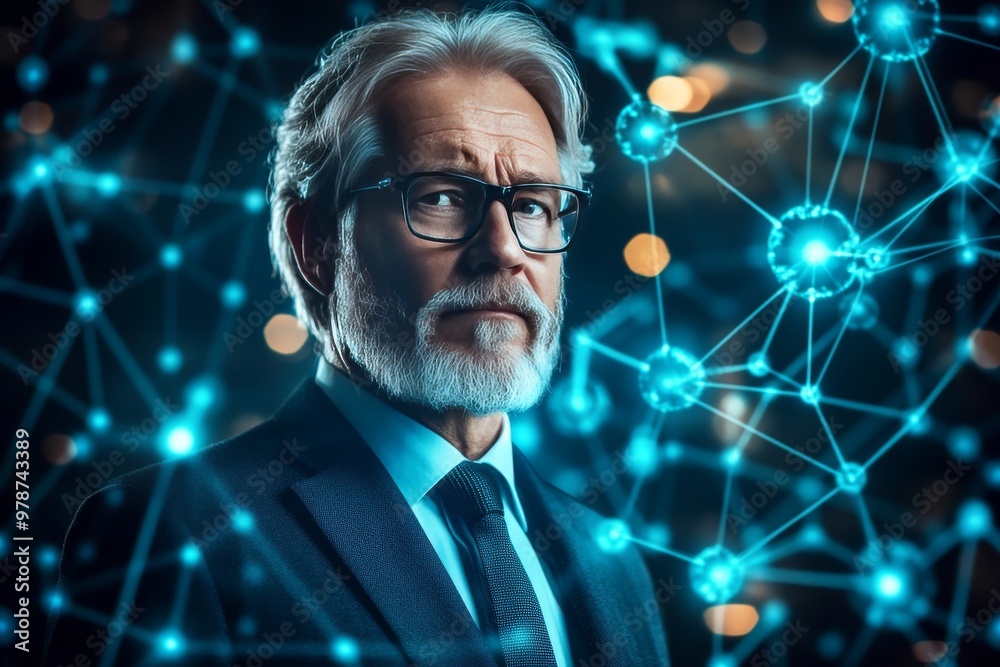 Elderly man surrounded by blue neural connections symbolizing cognitive activity the complexity of thought and the scientific exploration of the aging mind Elderly man surrounded by blue neural connections symbolizing cognitive activity the complexity of thought and the scientific exploration of the aging mind