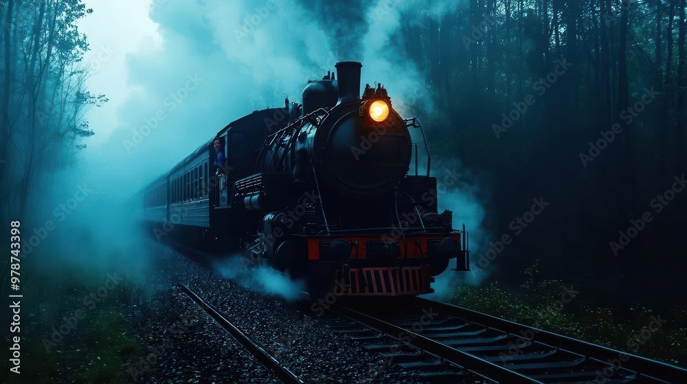 Obraz premium A vintage steam train travels through a misty forest, creating a mysterious and enchanting atmosphere with its billowing smoke.