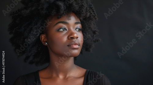 A thoughtful woman with natural hair poses against a dark background in a contemplative moment during a studio shoot