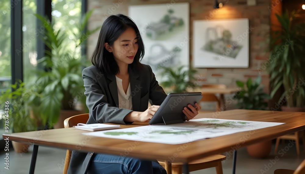 Obraz premium Landscape Architect Planning Green Spaces on Digital Tablet