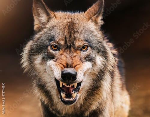 front view of ferocious looking Wolf animal looking at the camera with mouth open