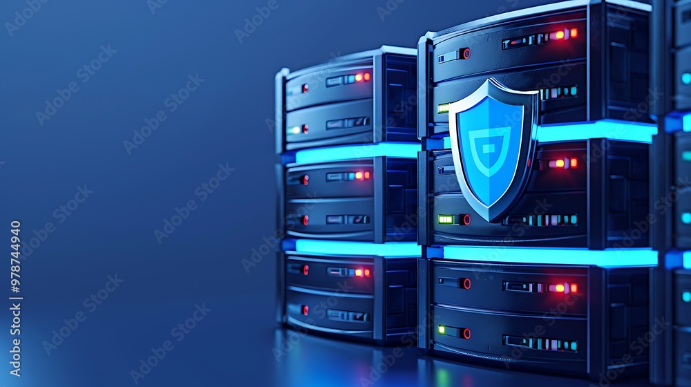 Modern data server with blue lights and security shield, representing technology and data protection in a digital environment. Modern data server with blue lights and security shield, representing technology and data protection in a digital environment.