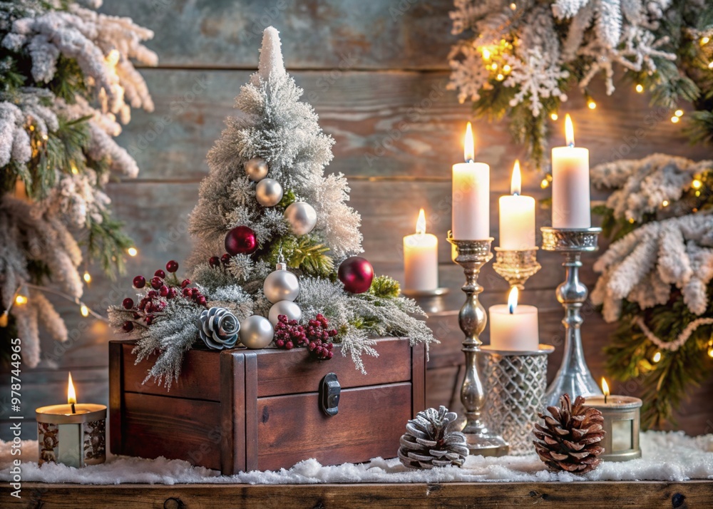 A Christmas tree and candles in retro candlesticks on a vintage chest of drawers on a burgundy background. Christmas decorations made of crystal in the interior. Preparation for the New Year holidays. A Christmas tree and candles in retro candlesticks on a vintage chest of drawers on a burgundy background. Christmas decorations made of crystal in the interior. Preparation for the New Year holidays.