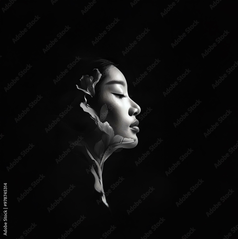 A woman's profile is illuminated in monochrome, with stylized flowers emerging from her head and neck. A woman's profile is illuminated in monochrome, with stylized flowers emerging from her head and neck.