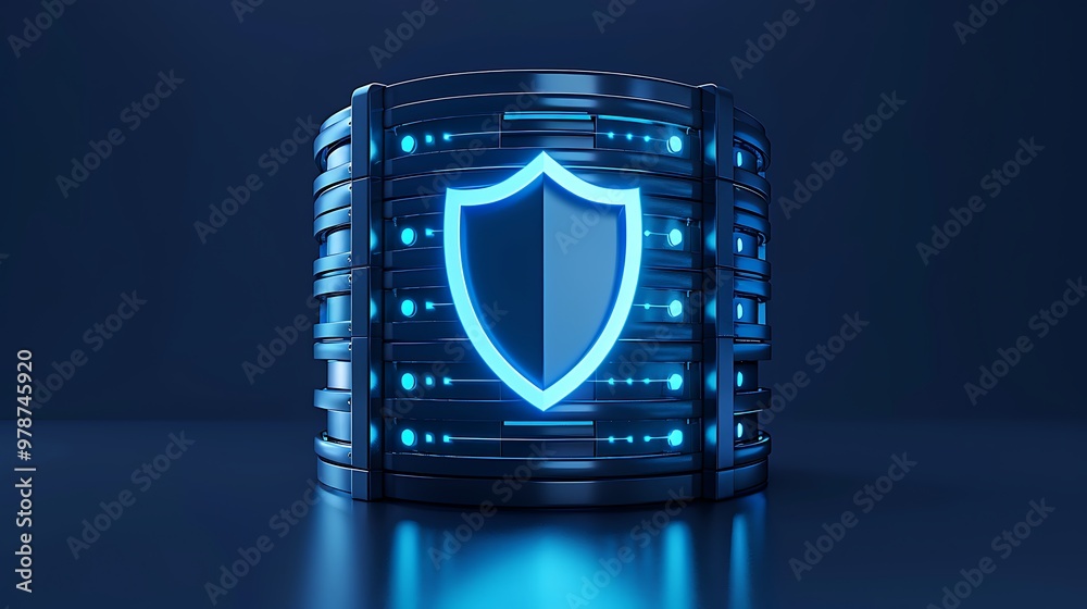Modern data shield symbolizing cybersecurity and protection, featuring glowing blue elements on a sleek digital background.