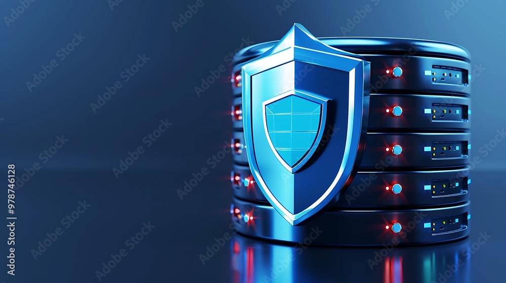 Modern data storage unit featuring a shield symbolizing cybersecurity and data protection in a high-tech environment. Modern data storage unit featuring a shield symbolizing cybersecurity and data protection in a high-tech environment.