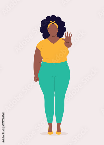 Front View Of One Plus Size Black Woman Standing With One Hand Showing Stop Gesture.