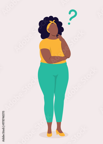 One Plus Size Black Woman Standing And Thinking Question With Her Hand On Chin.