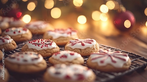 Delicious festive cookies decorated with icing and sprinkles, perfect for holiday gatherings and celebrations.