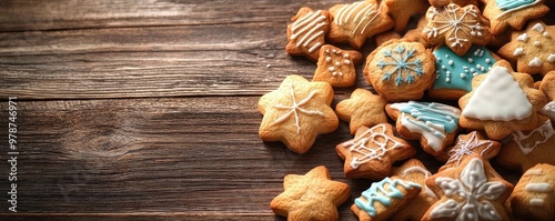 Deliciously decorated cookies arranged on a rustic wooden table, perfect for holiday celebrations and festive baking moments.