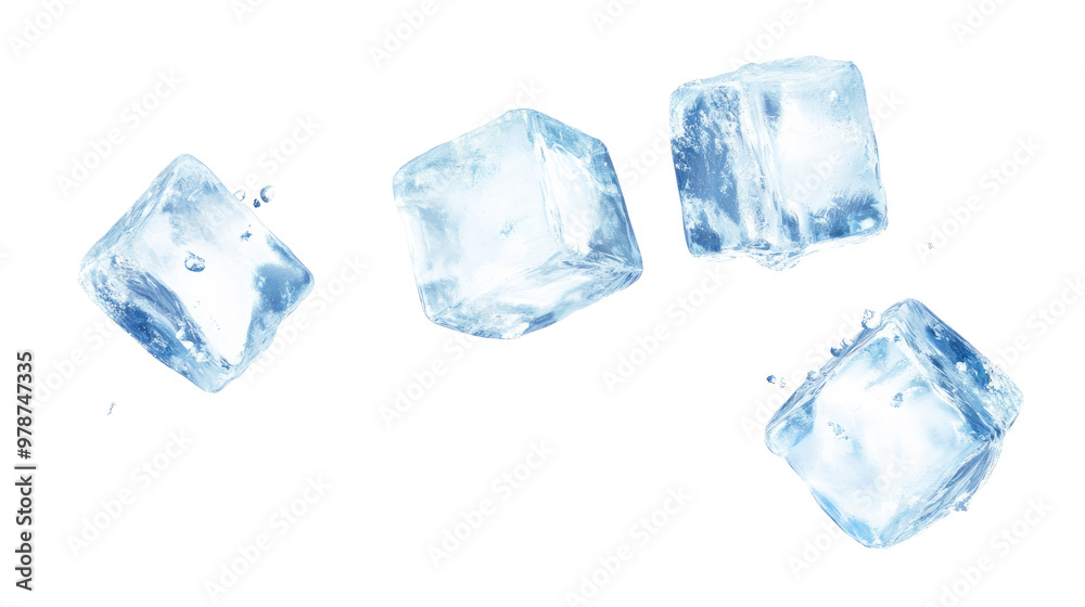 Clear ice cubes on a white background with reflections and a cool, fresh appearance